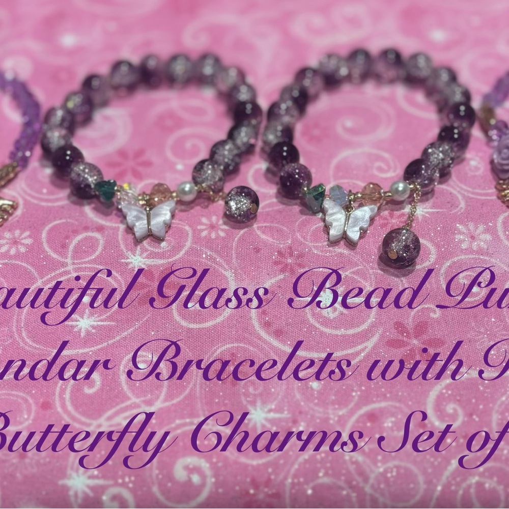 BEAUTIFUL PURPLE GLASS BEADS ROSE & ELEPHANT WITH BUTTERFLY CHARMS SET OF 4